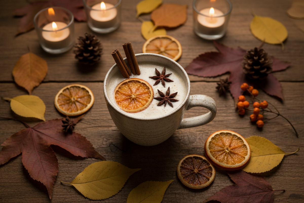 Autumn coffee with cinnamon, dried orange and seasonal decorations