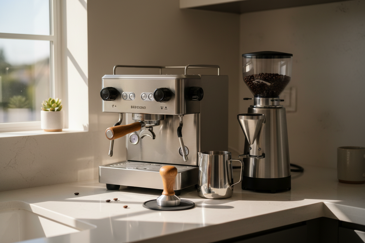 Home espresso machine and coffee grinder setup in a UK kitchen