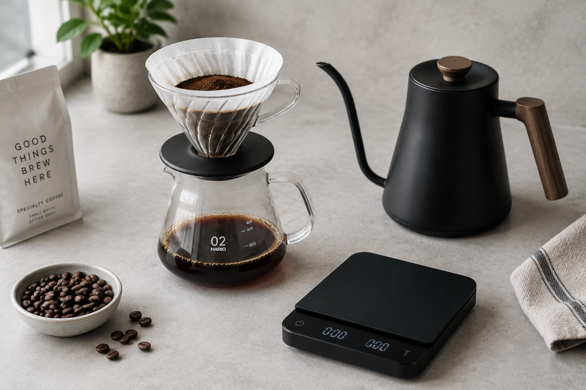 Pour-over coffee brewing with a gooseneck kettle for a temperature profiling experiment