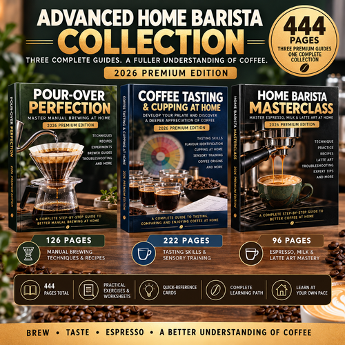 Advanced Home Barista Collection 2026 with three premium coffee guides for pour-over brewing, coffee tasting, espresso, milk steaming and latte art