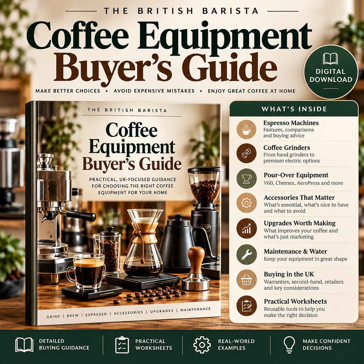 The British Barista Coffee Equipment Buyer’s Guide digital download, featuring espresso machines, coffee grinders, pour-over equipment, accessories, maintenance advice, UK buying guidance and practical worksheets.
