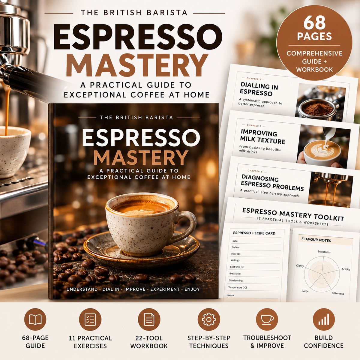 Espresso Mastery 68-page digital home barista guide with espresso techniques, 11 practical exercises and 22-tool workbook.