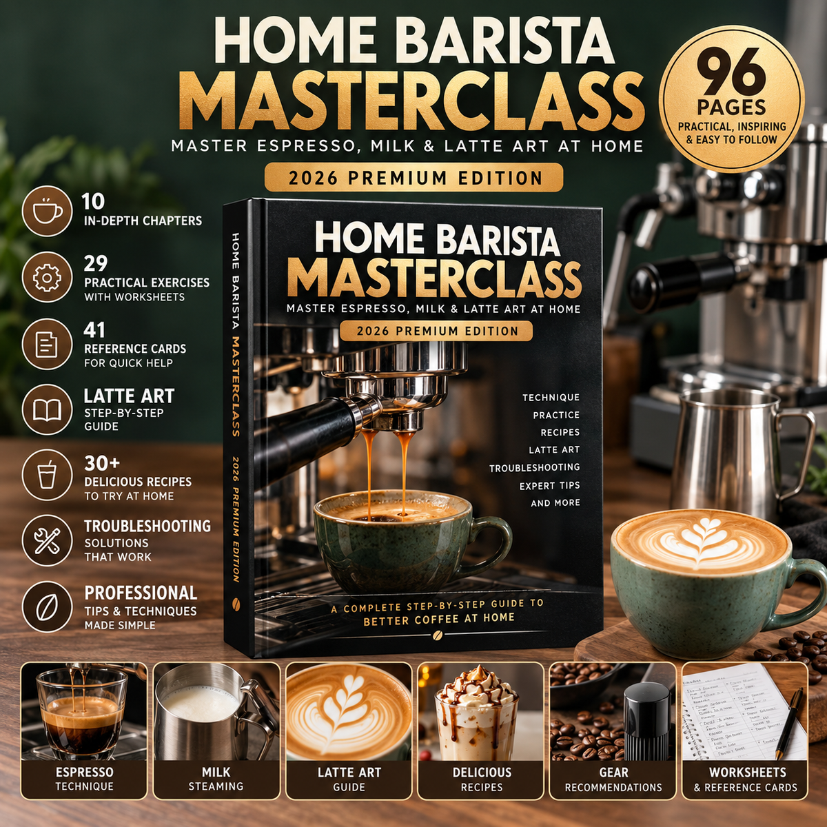 Home Barista Masterclass 2026 Premium Edition digital coffee guide with espresso, milk steaming, latte art, practical exercises and reference cards