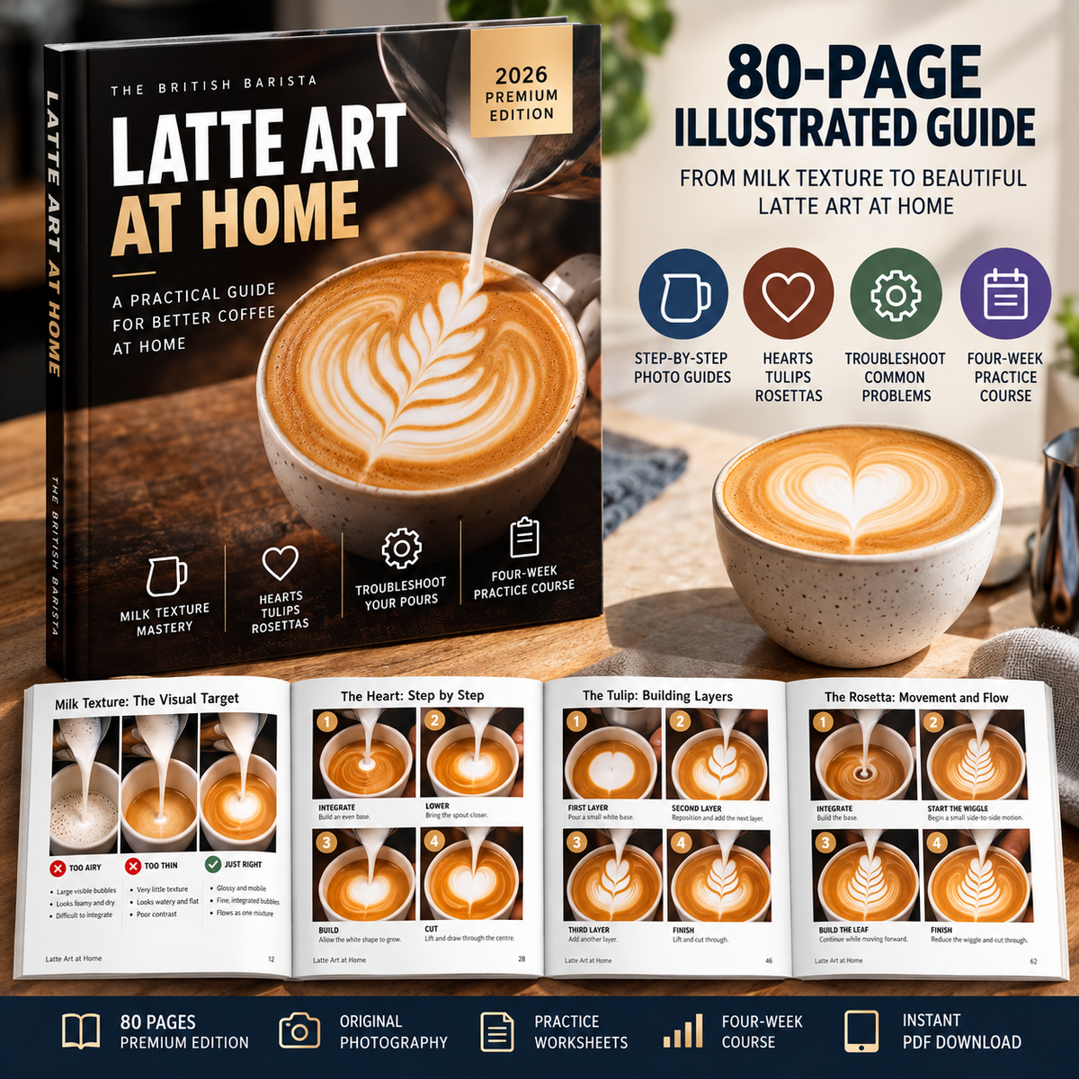Latte Art at Home 2026 Premium Edition illustrated guide with step-by-step milk texture, heart, tulip and rosetta techniques