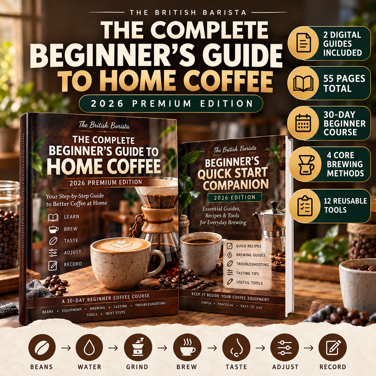The Complete Beginner's Guide to Home Coffee 2026 Premium Edition with two digital guides, 30-day beginner course and brewing tools
