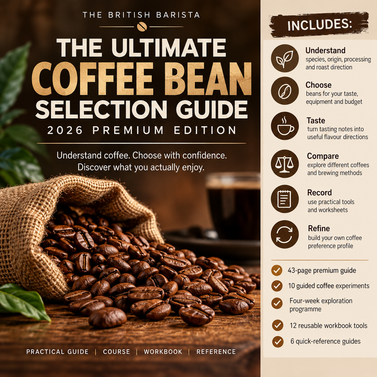 The Ultimate Coffee Bean Selection Guide 2026 Premium Edition with coffee beans, 10 guided experiments and reusable workbook tools